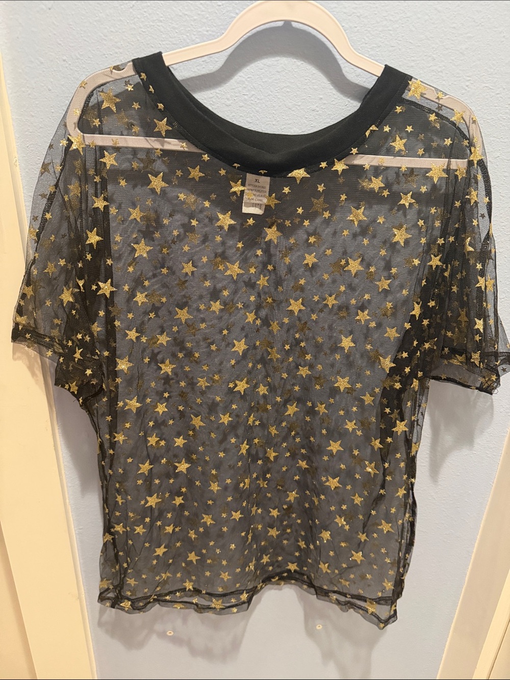 Sheer Black Short-Sleeve Star Mesh Tee with Gold Stars